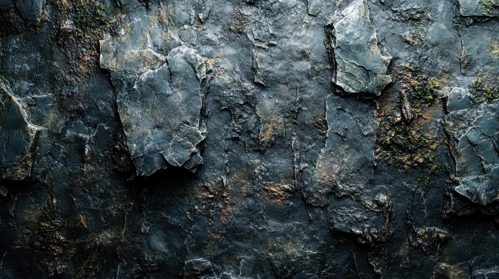 風化が進んだ灰色の岩肌に亀裂と苔が付着した石壁のテクスチャー