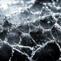 ガラスの破片が織り成す光の亀裂アート：複雑に交差する透明なひび割れの写真