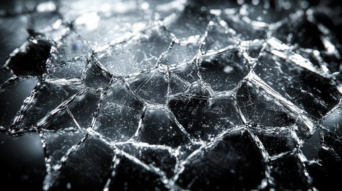 ガラスの破片が織り成す光の亀裂アート：複雑に交差する透明なひび割れ