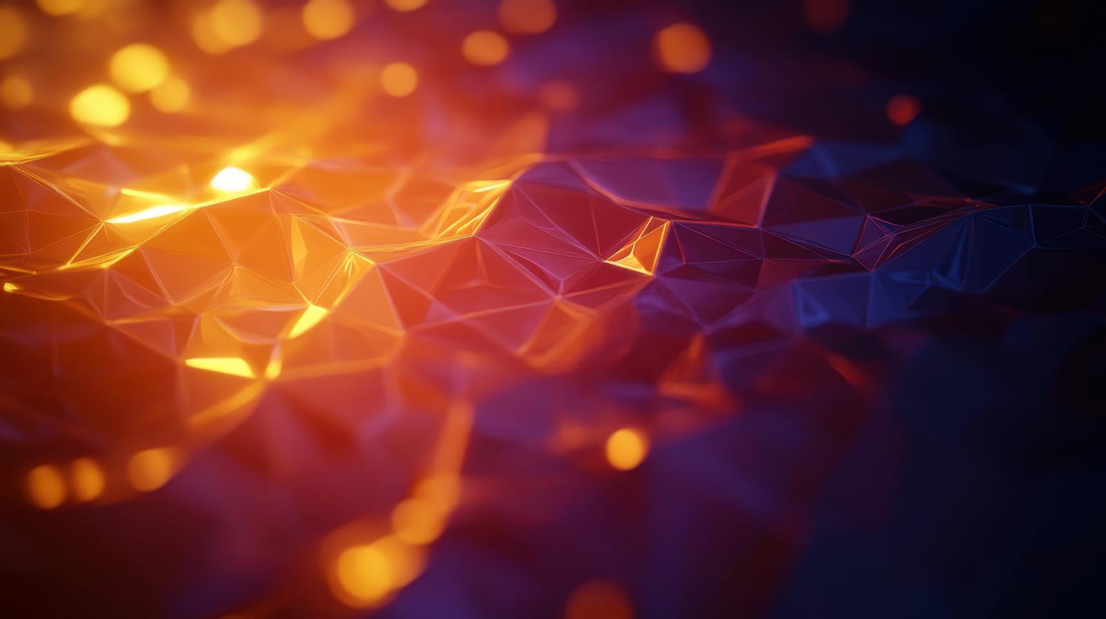 オレンジと紫に発光する立体的なポリゴンが浮かぶデジタル背景