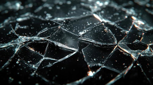 光が反射する細かくひび割れるガラスのテクスチャークローズアップ
