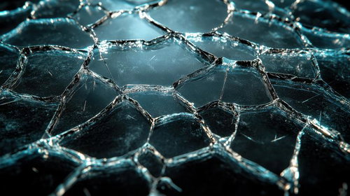 幾何学的模様が広がる割れたガラスと光の抽象美