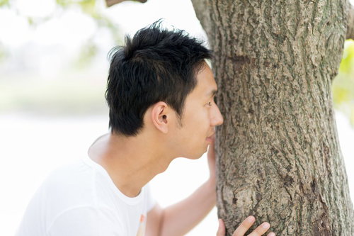 木の幹に手を当てて横顔を見せる男性