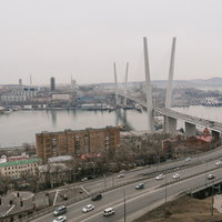 ウラジオストクの金角湾にかかる斜張橋の夜景の写真