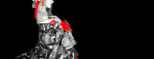 花魁メイクと着物姿の女性の伝統的な和装姿