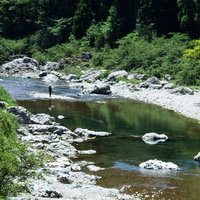 板取川で釣りをする人と清流の風景 岐阜県の自然の写真