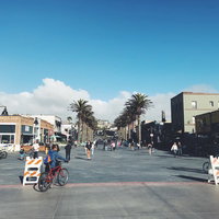 カリフォルニアのハモサビーチ入口の街並みと椰子の木の写真