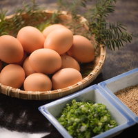 平湯温泉の旅館で提供されるTKG用の卵と薬味のネギとゴマの写真