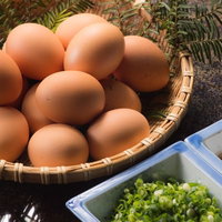 平湯温泉の旅館で供される山盛りの新鮮卵と薬味の写真