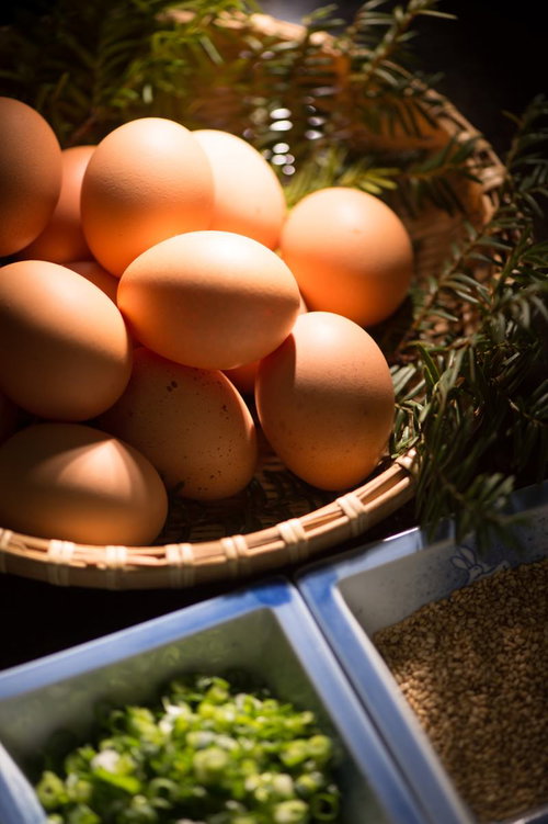 栄太郎の新鮮なたまごを薬味と一緒に盛り合わせた朝食の食材