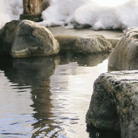 平湯温泉の岡田旅館における岩露天風呂と積雪した景観の写真