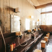 平湯温泉の岡田旅館、源泉かけ流し温泉の洗い場と浴槽の写真