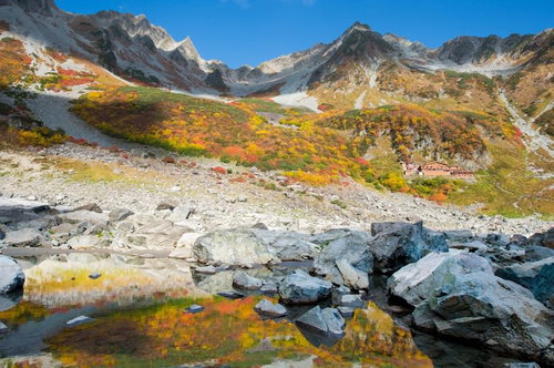 色づく涸沢カールの紅葉と雪山、秋の北アルプス登山