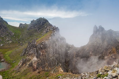 北アルプスの焼岳で見る爆裂火口の岩肌と火山地形