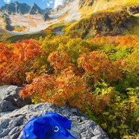 北アルプス涸沢カールの紅葉に映えるアウトドア用Tシャツの写真