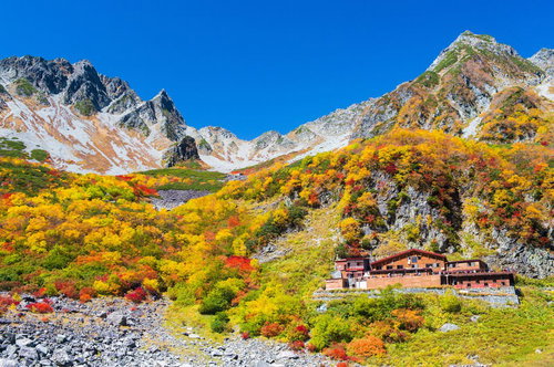 北アルプス涸沢カールの紅葉シーズン、涸沢小屋を望む