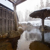 冬の醍醐味、雪が降り積もる雪見露天風呂で湯けむり立ちのぼる秘境温泉の写真