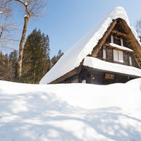 豪雪地帯に建つ平湯民俗館の合掌造り建築と雪景色の写真