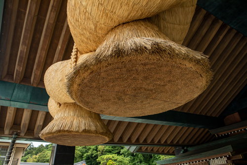 出雲大社の神楽殿に吊るされた大しめ縄を下から見上げた景観