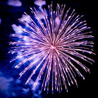 夜空に丸く打ち上がる紫とピンクの花火の写真