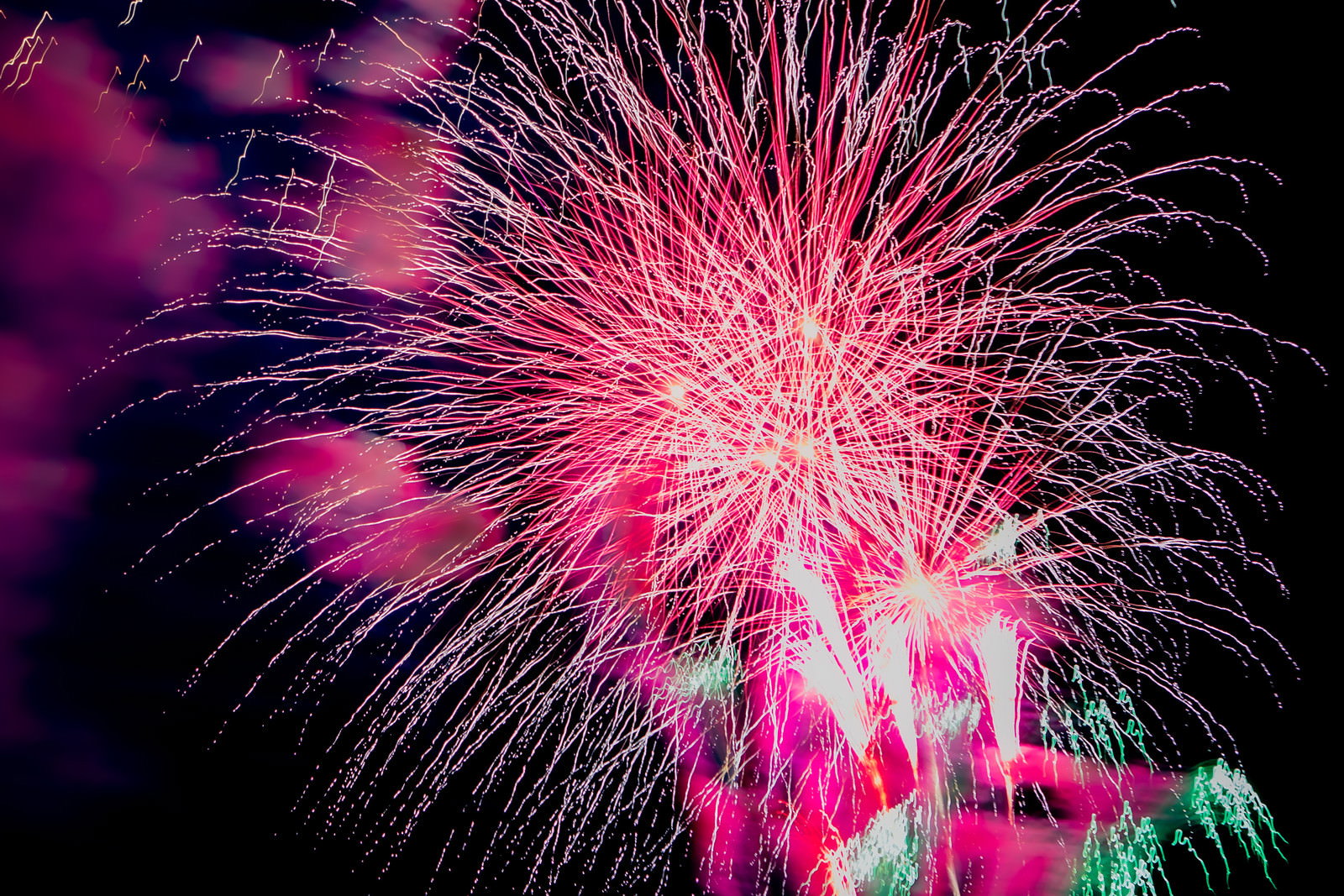 夜空にピンクと紫の色彩で炸裂する打ち上げ花火