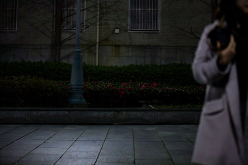 待ち合わせには向かない薄暗い歩道の花壇前に立つ人影