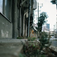 コンクリートの高架下に並ぶ店舗と歩道の街並み風景の写真