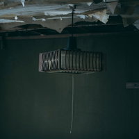 廃墟の天井に吊り下げられたレトロな照明器具の写真