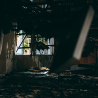 崩れ落ちた天井がある廃屋の内部の写真