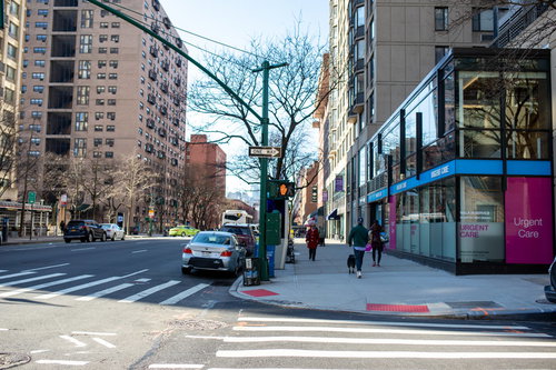ニューヨークの横断歩道で犬を連れて信号待ちするニューヨーカー