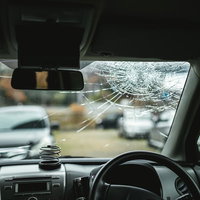 交通事故で破損したフロントガラスのヒビが入った車内の写真