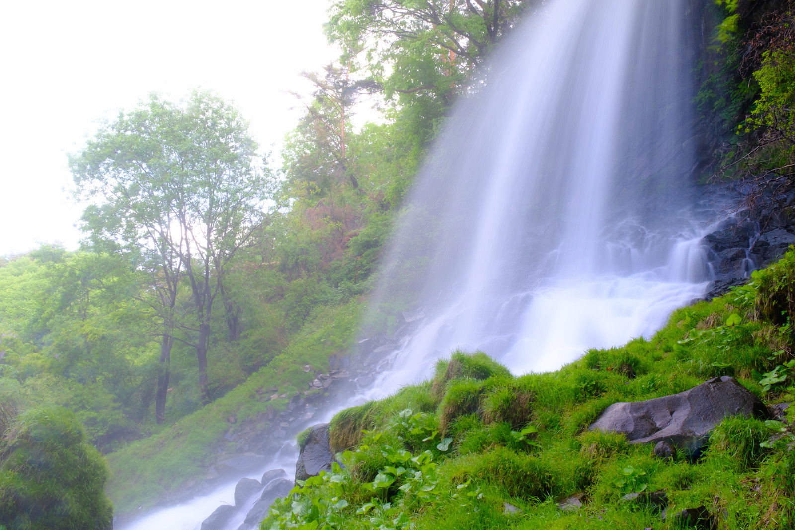 緑豊かな横谷峡の渓谷に落ちる乙女滝の風景