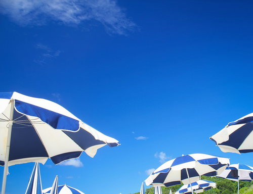 晴れた空を背景に並ぶ青と白のストライプのビーチパラソル