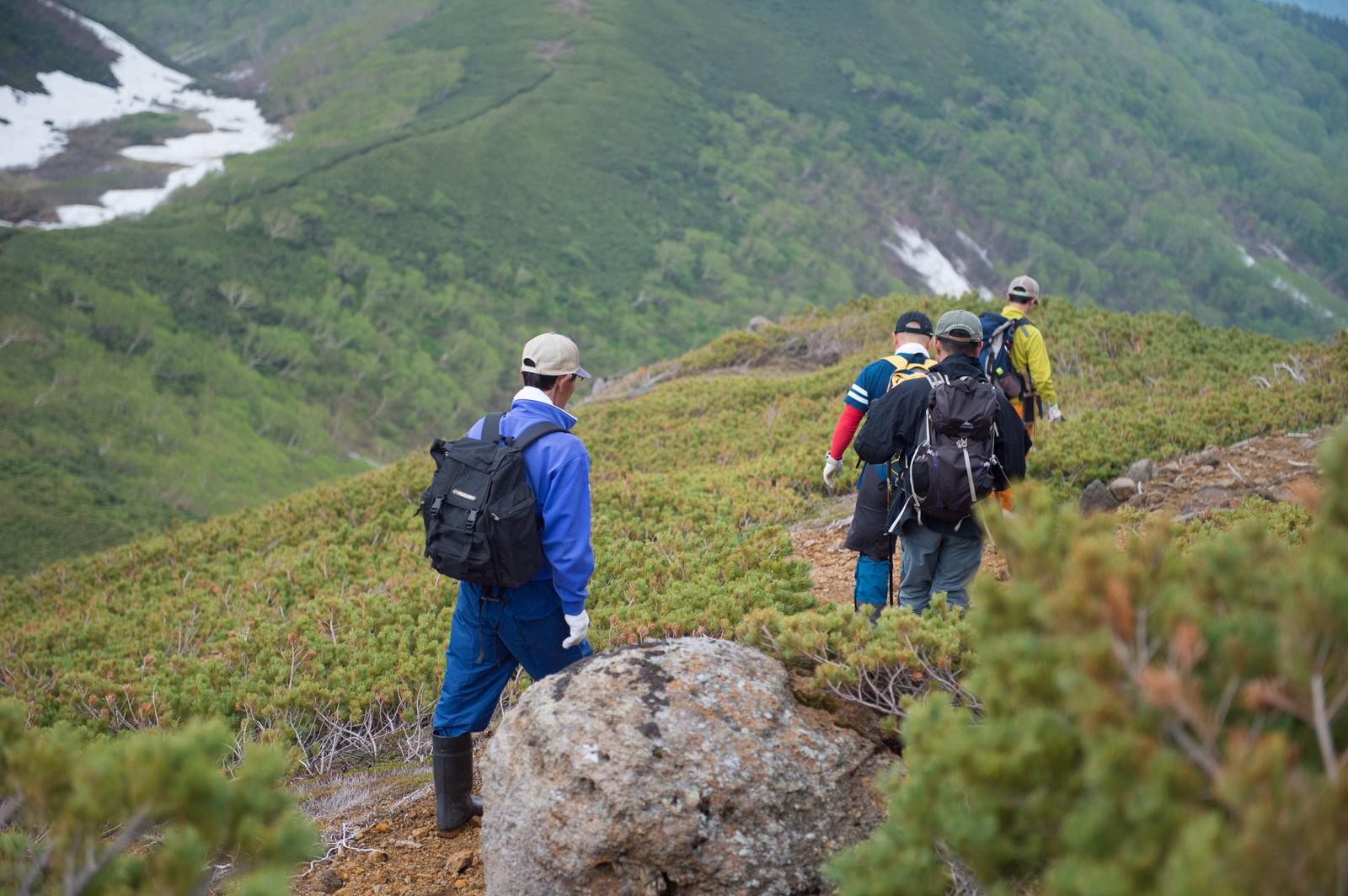 乗鞍新登山道の岩場を歩く5人の登山者グループ