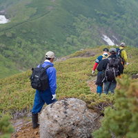 乗鞍新登山道の岩場を歩む登山者たちの登山風景の写真