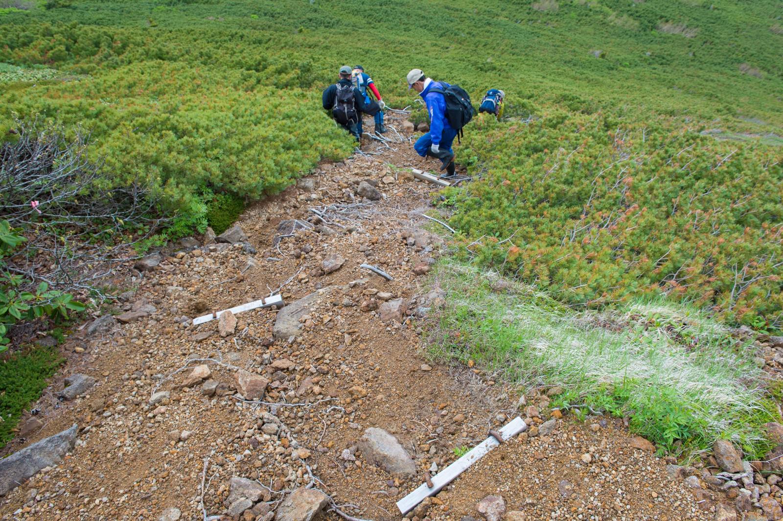 急斜面の登山道を列になって下る登山者たち
