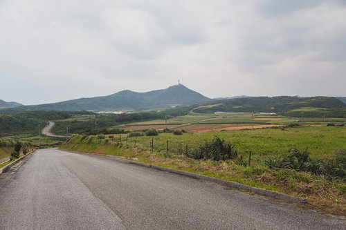 与那国島の広大な農地と山々を見渡す曇り空の田園風景