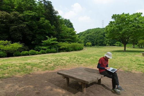 自然の中でノートパソコンを使ってITワークをする男性の写真