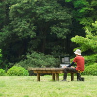 大自然のなかでコーディングしているWebデザイナーの写真