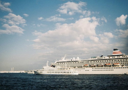 擦れ違う2隻の大型客船が航行する海上風景