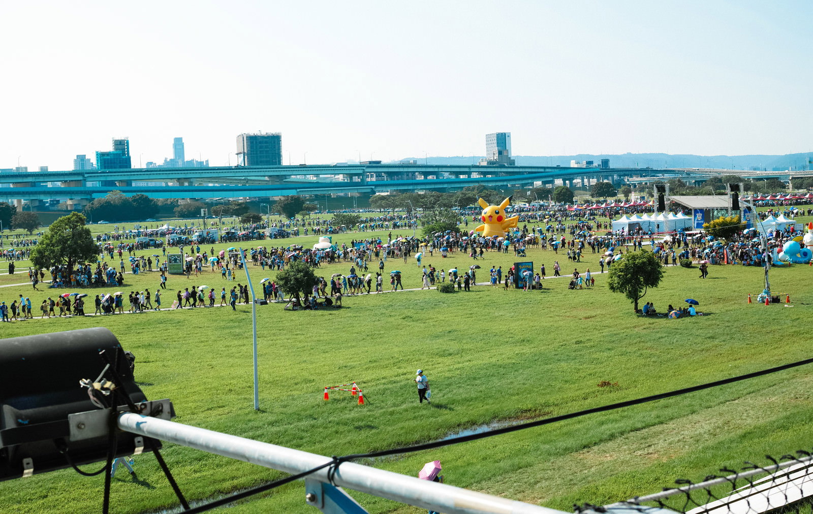 緑の芝生が広がる公園でイベントに集まる大勢の人々