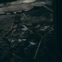 かつて人が居た面影を感じる廃墟の和室跡と朽ちた畳の散乱風景の写真