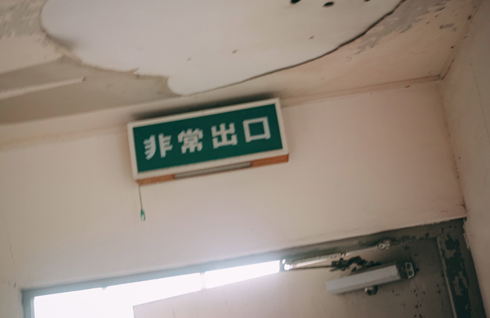 室内の天井付近に設置された緑色の非常口表示サイン