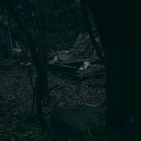 暗い森に放置された不法投棄の廃家財と廃材の写真