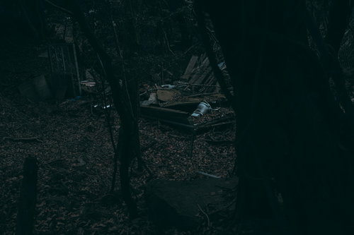 暗い森に放置された不法投棄の廃家財と廃材