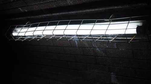 薄暗い照明が照らす不気味な壁面と金属製格子の工業施設の写真