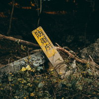 防衛庁の杭の跡、黄色い立入禁止テープが巻かれたコンクリート製の写真