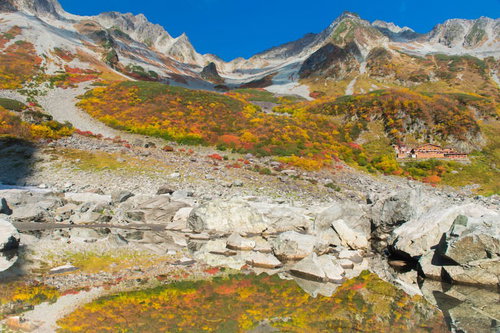 水面に映る涸沢カールの紅葉と黄葉