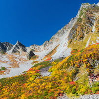涸沢カールの紅葉と池に映る山岳の写真