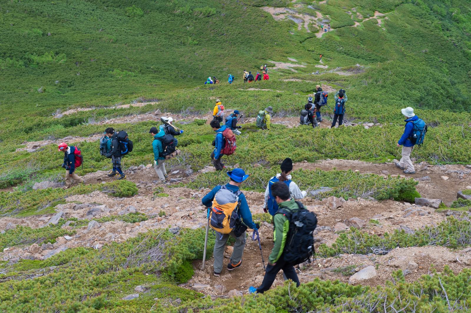 乗鞍新登山道の斜面を歩くヘルメット姿の登山者たち